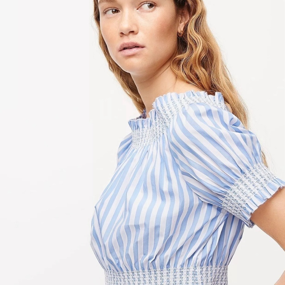 J. Crew | Puff Sleeve Smocked Top Blue and White Stripes Cropped Large - Picture 2 of 8